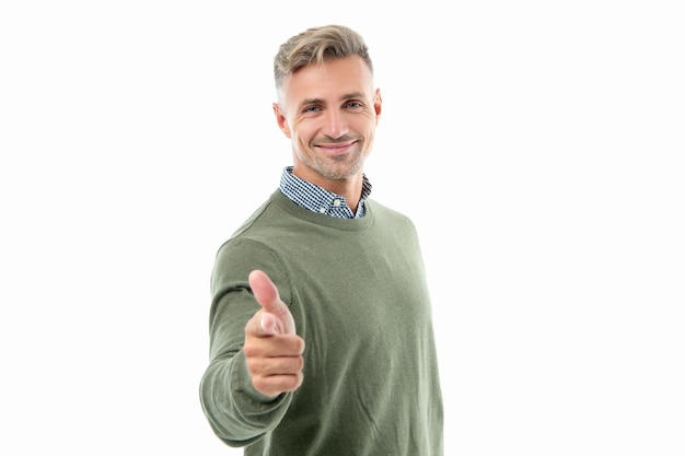 Photo portrait of grizzled man pointing finger studio shot face of grizzled man mature grizzled man portrait with stubble isolated on white background face of grizzled man in sweater