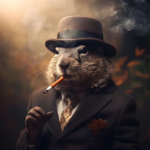 Portrait Groundhog smoking a cigarette for world groundhog day post