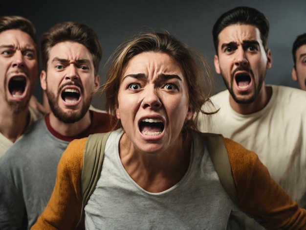 Photo portrait of a group of angry young men and women screaming at each other generative ai