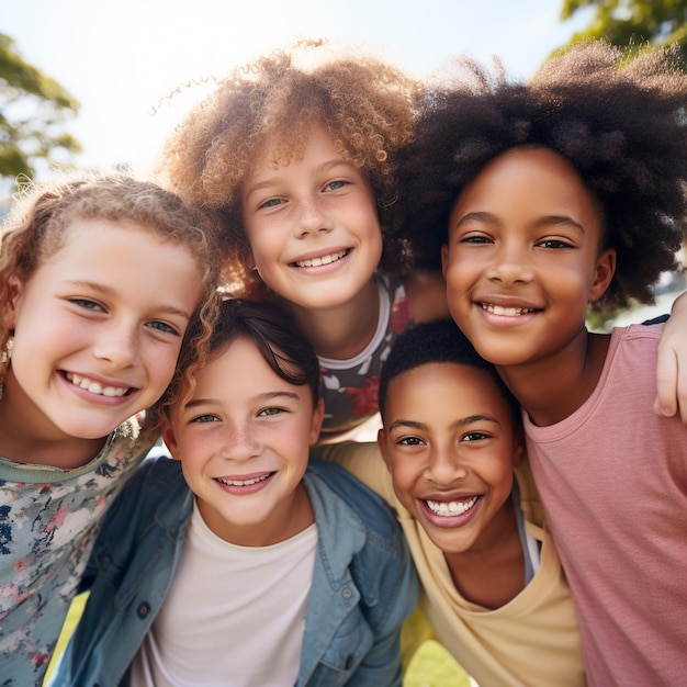 Portrait of group of children smiling at camera while standing together in park