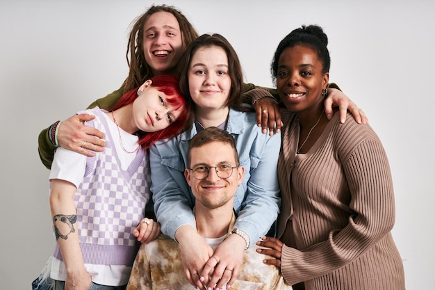 Portrait of group of diverse friends smiling together