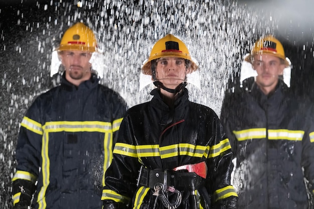 Foto ritratto di un gruppo di vigili del fuoco in piedi e che camminano coraggiosi e ottimisti con una donna come caposquadra. la pioggia battente è buona fortuna o vigili del fuoco per il concetto di salvataggio in auto. foto di alta qualità