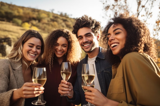 Портрет группы друзей, празднующих с шампанским на открытом воздухе, созданный с помощью генеративного искусственного интеллекта