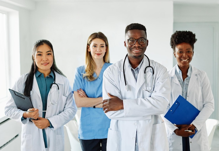 Photo portrait of a group of happy doctors and nurses of diversity race in hospital
