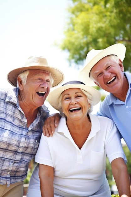 Foto ritratto di un gruppo di amici anziani felici che si divertono fuori insieme