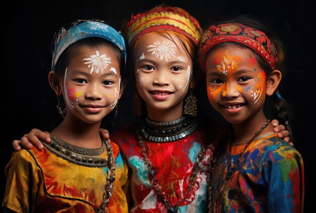 Photo portrait of a group of indian little girls with face painting