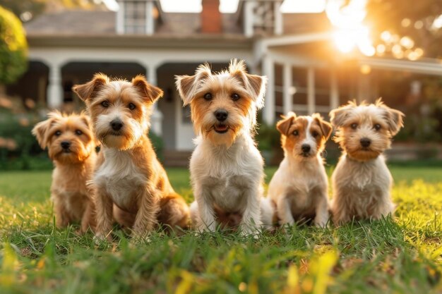 Photo portrait of a group of jack russell dogs in summer on a green lawn