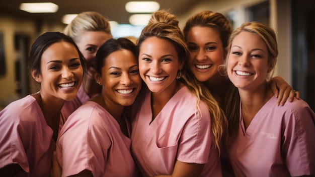 Photo portrait of a group of multiracial female nurses in pink scrubs