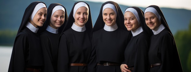 Portrait of a group of nuns against the background of a church