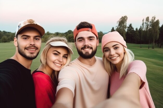 Portrait of a group of people taking selfies together at the golf course created with generative ai