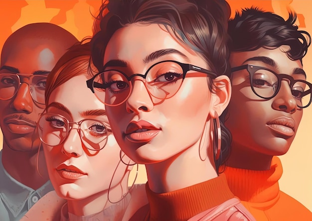 a portrait of a group of people with glasses in the style of warm color palette