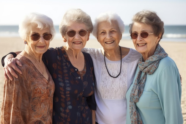 Photo portrait of a group of senior friends standing together to have their picture taken at the beach