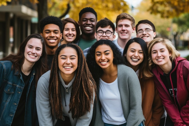 Portrait of a group of smiling multiethnic students standing together in the street Group photo of happy joyful diverse multiracial college AI Generated