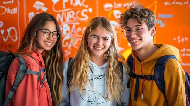 Photo portrait of group of smiling students standing together in classroom at school