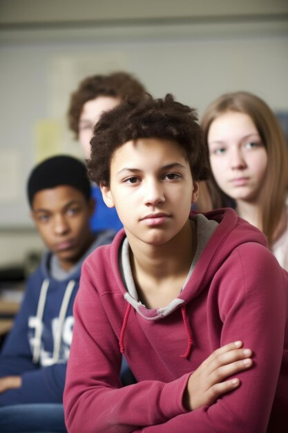 Photo portrait of a group of teenagers in class