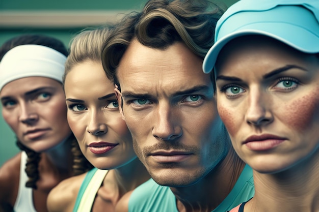Portrait of a group of tennis players looking at camera Generative AI illustration