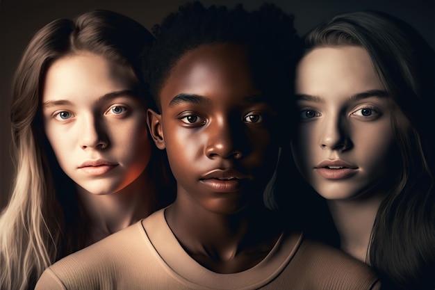 一緒に立っている、肌の色が異なる 3 人のティーンエイジャーのグループの肖像 ジェネレーティブ AI の図