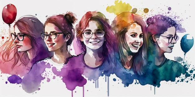 Portrait of a group of women with glasses Multicolored watercolor background