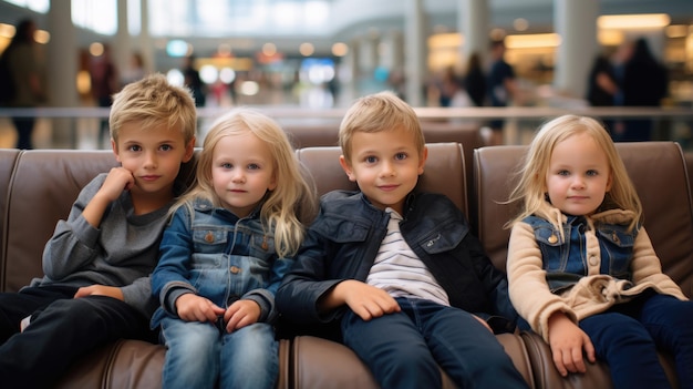 空港の待合室に座っている幼い子供たちのグループの肖像画