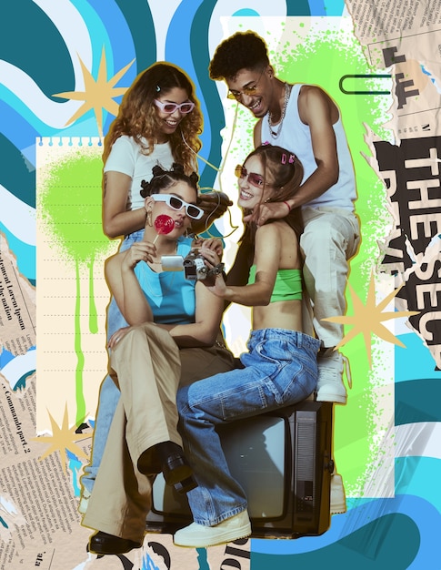 Portrait of group of young friends in collage style