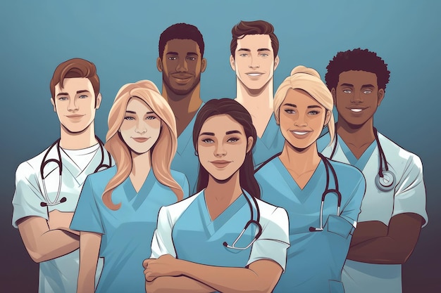 Портретная группа молодых медицинских работников в медицинской форме, экстремальный крупный план Генеративный ИИ