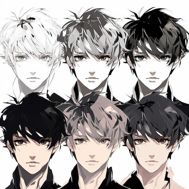 Portrait of a group of young men with different hairstyles manga style