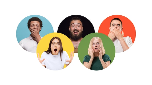 Photo portrait of group of young people isolated on multicolored studio background, flyer, collage. concept of human emotions, facial expression, sales, ad. shocked, astonished, wondered crazy. sport.