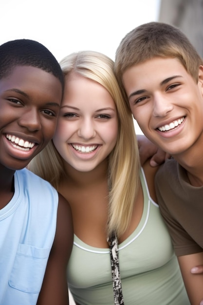 Portrait of a group of young people smiling together outside created with generative ai