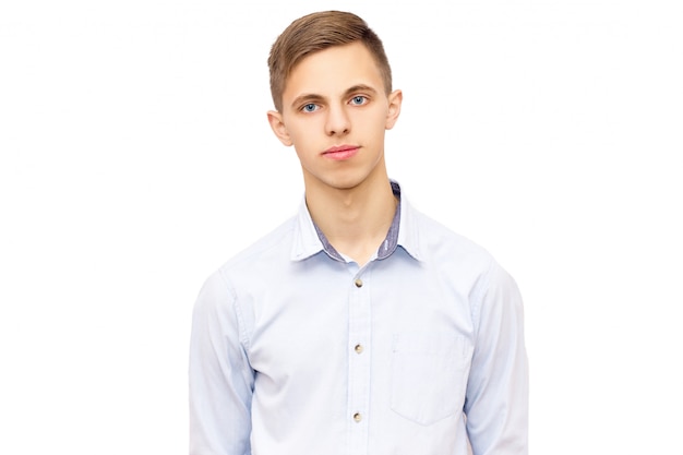 Portrait of a guy in a blue shirt, isolate, confident man