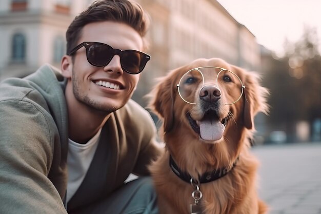 The portrait of a guy and his best friend dog weared in eyglasses Generative AI