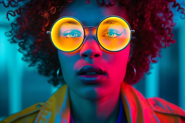 Photo portrait of a guy with colorful neon light on blue studio background