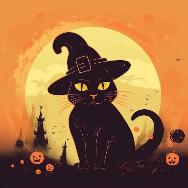 魔女の衣装を着たハロウィーンの猫の肖像画