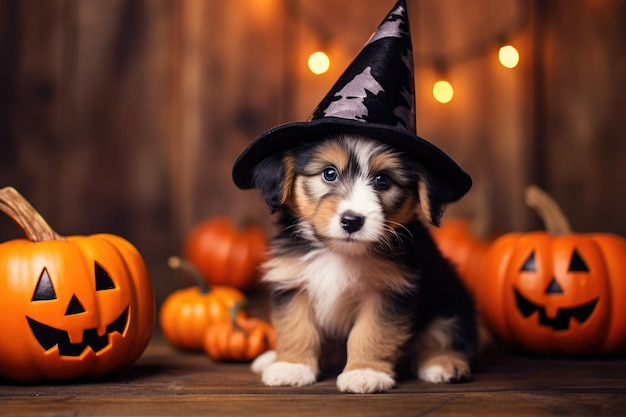 魔女の帽子で着飾ったハロウィーンのかわいい犬の子犬の肖像画 Ai 生成