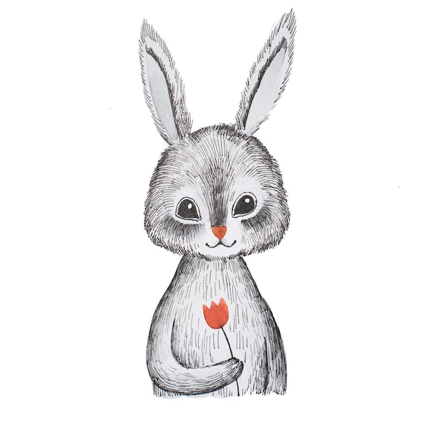 Portrait of handdrawn cute cartoon grey hare holding a flower isolated on white background