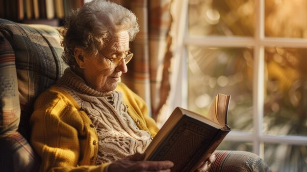 Portrait of handicapped senior woman reading book