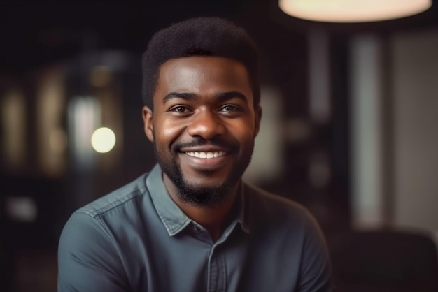 Portrait of handsome african american man smiling at camera in cafe Generative AI