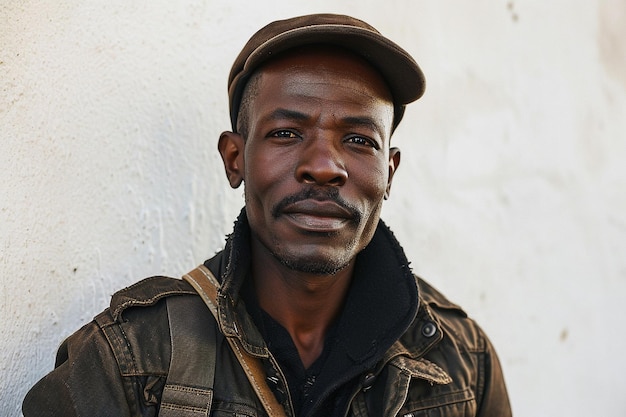 Foto ritratto di un bell'uomo afroamericano che indossa cappello e giacca all'aperto