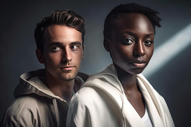 스튜디오 패션 미니멀리즘에서 잘생긴 아프리카계 미국인 여성과 백인 남자의 초상화
