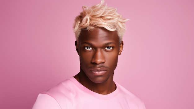 Portrait of a handsome african man with short blond hair on a pastel pink background in a studio ai