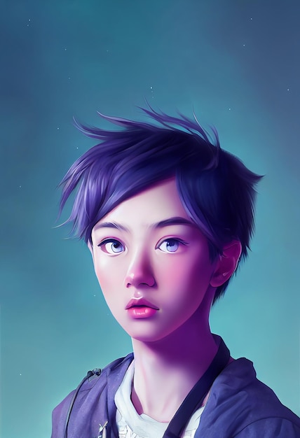 Portrait handsome anime boy for avatar and computer graphic background 2D Illustration