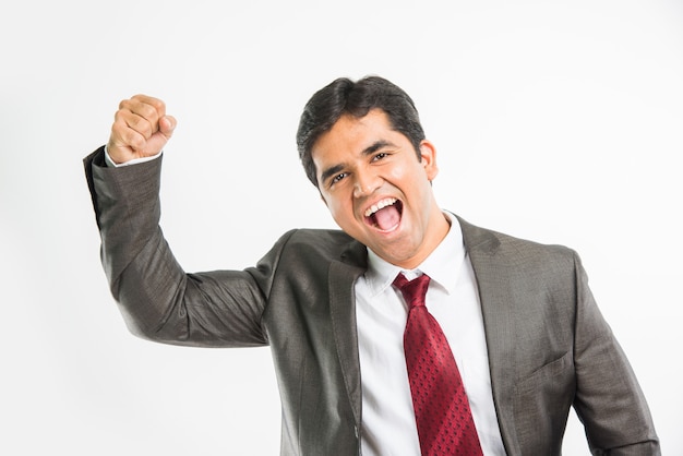 Portrait of handsome asian or indian businessman standing isolated over white background