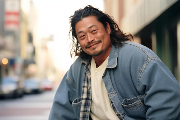 Portrait of a handsome asian man smiling in the city