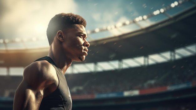 Portrait of handsome athlete runner man standing on running track