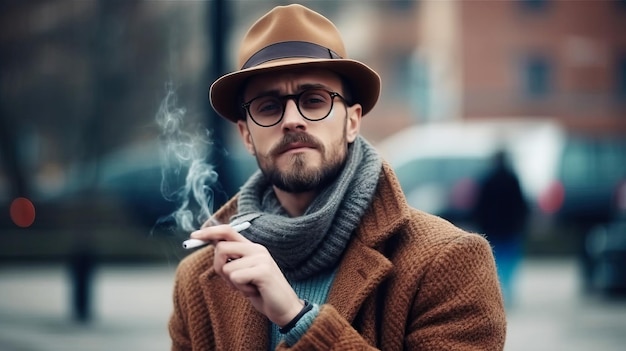 Portrait of a handsome bearded man in a brown coat and hat smoking a cigarette Generative AI