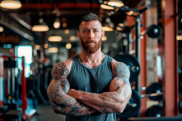 Portrait of a handsome bearded man with tattoos in a gym