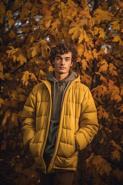 Portrait of handsome blond boy in orange hoody against yellow autumn apple tree Generative AI