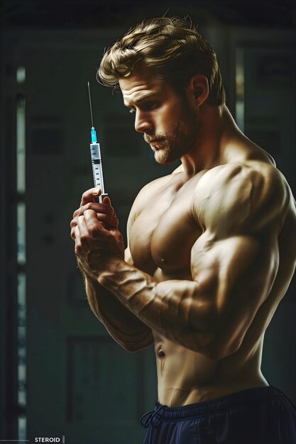 Portrait of handsome bodybuilder muscular man holding syringe with steroids dangerous lifestyle co