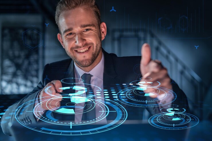 Photo portrait of handsome businessman in formal suit thinking how to optimize business process by applying new technologies hi tech holograms over modern office background