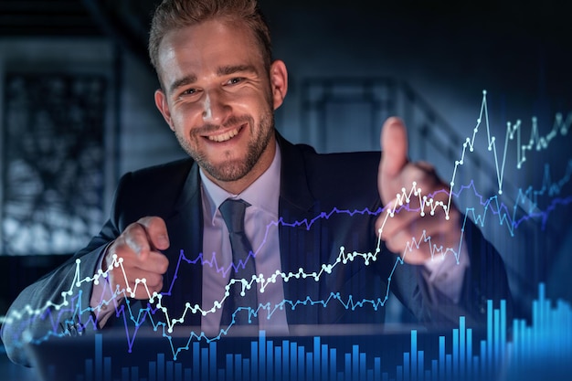 Portrait of handsome businessman in formal suit thinking how to optimize trading strategy at corporate finance fund Forex chart hologram over modern office background