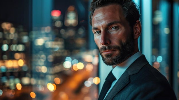 Portrait of handsome businessman looking at camera in office with city view